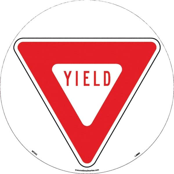 NMC - Yield, Anti-Skid Pressure-Sensitive Vinyl Floor Sign - Round, Red on White, Adhesive Backed, For Restroom, Janitorial & Housekeeping - Exact Tooling