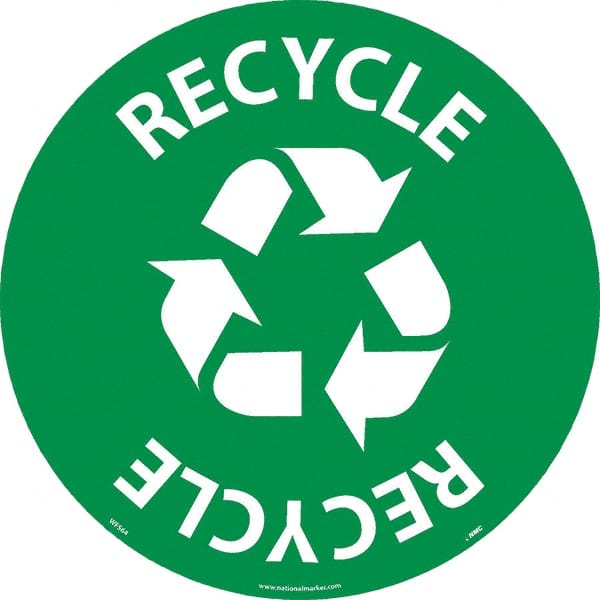 NMC - Recycle, Anti-Skid Pressure-Sensitive Vinyl Floor Sign - Round, White on Green, Adhesive Backed, For Restroom, Janitorial & Housekeeping - Exact Tooling