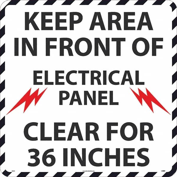 NMC - Keep Area in Front of Electrical Panel Clear 36", Anti-Skid Pressure-Sensitive Vinyl Floor Sign - Round, Black on White, Adhesive Backed, For Restroom, Janitorial & Housekeeping - Exact Tooling