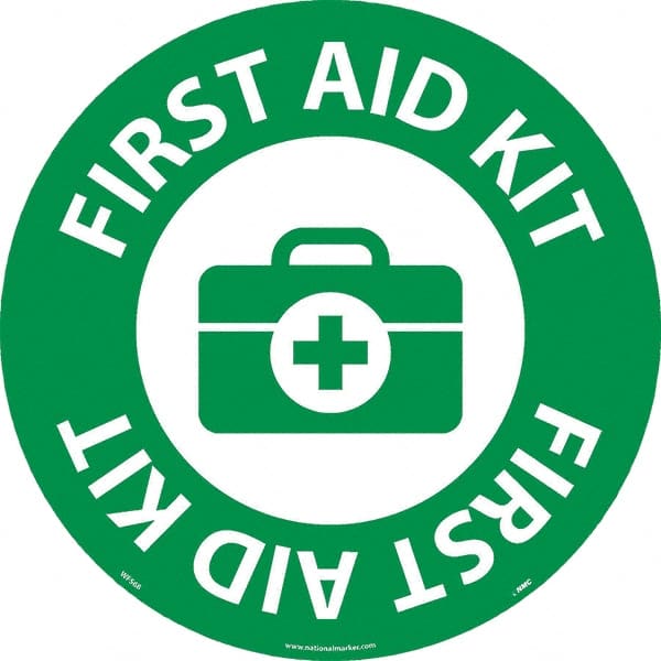 NMC - First Aid Kit, Anti-Skid Pressure-Sensitive Vinyl Floor Sign - Round, White on Green, Adhesive Backed, For Restroom, Janitorial & Housekeeping - Exact Tooling