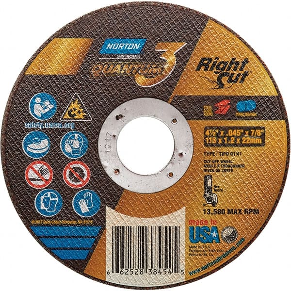 Norton - 4-1/2" 36 Grit Ceramic Alumina Cutoff Wheel - 0.045" Thick, 7/8" Arbor, 13,580 Max RPM, Use with Angle Grinders - Exact Tooling