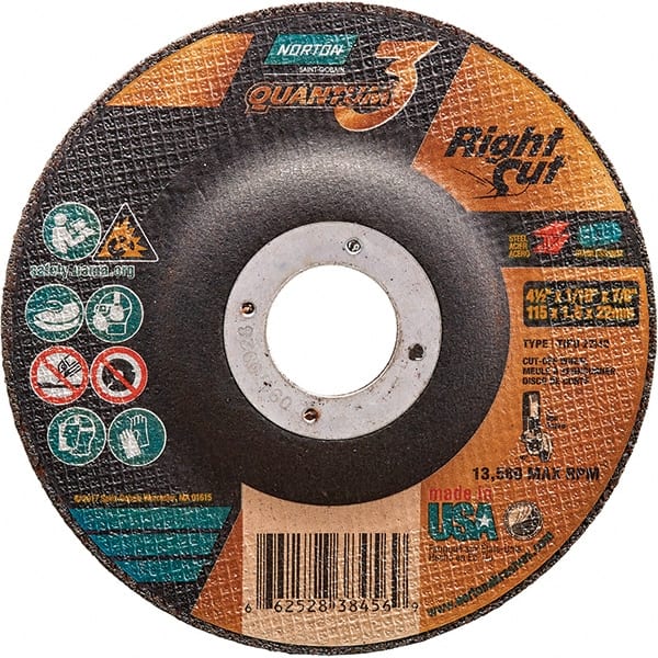 Norton - 36 Grit, 4-1/2" Wheel Diam, 1/16" Wheel Thickness, 7/8" Arbor Hole, Type 27 Depressed Center Wheel - Coarse Grade, Ceramic Alumina, Resinoid Bond, 13,580 Max RPM - Exact Tooling