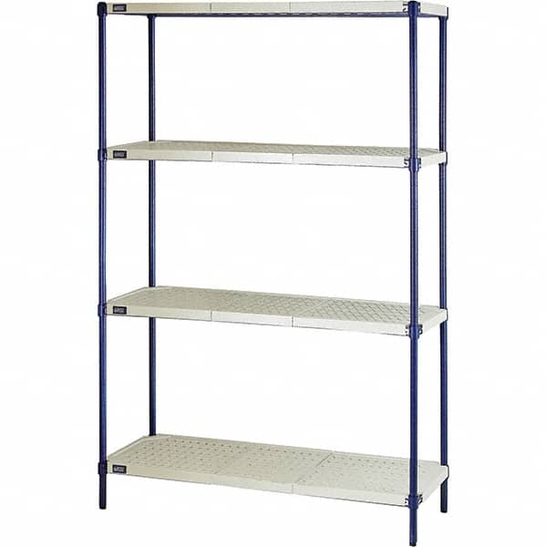 Quantum Storage - 72" High x 18" Wide x 48" Deep, 4 Shelf Ventilated Structural Open Plastic Shelving with Legs - Blue/White, 600 Lb Capacity - Exact Tooling