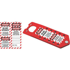 NMC - Single Jaw, 1 to 2" Jaw Diam, 10 PadLocks, Aluminum Lockout Hasp - Scissor Action, 3" Long x 7-1/2" Wide, Red - Exact Tooling