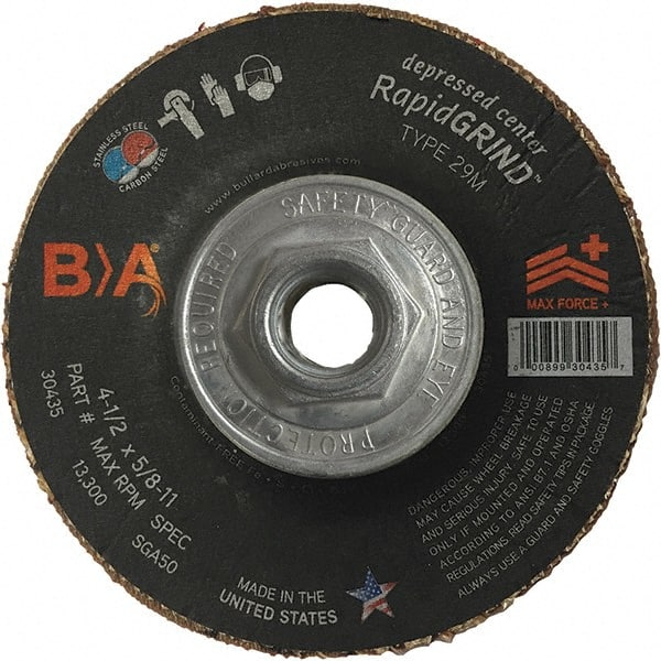 BULLARD - 50 Grit, 5" Wheel Diam, 1/8" Wheel Thickness, Type 29 Depressed Center Wheel - Coarse Grade, Ceramic, 12,200 Max RPM, Compatible with Angle Grinder - Exact Tooling