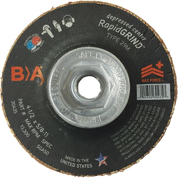 BULLARD - 50 Grit, 4-1/2" Wheel Diam, 1/8" Wheel Thickness, Type 29 Depressed Center Wheel - Coarse Grade, Ceramic, 13,300 Max RPM, Compatible with Angle Grinder - Exact Tooling