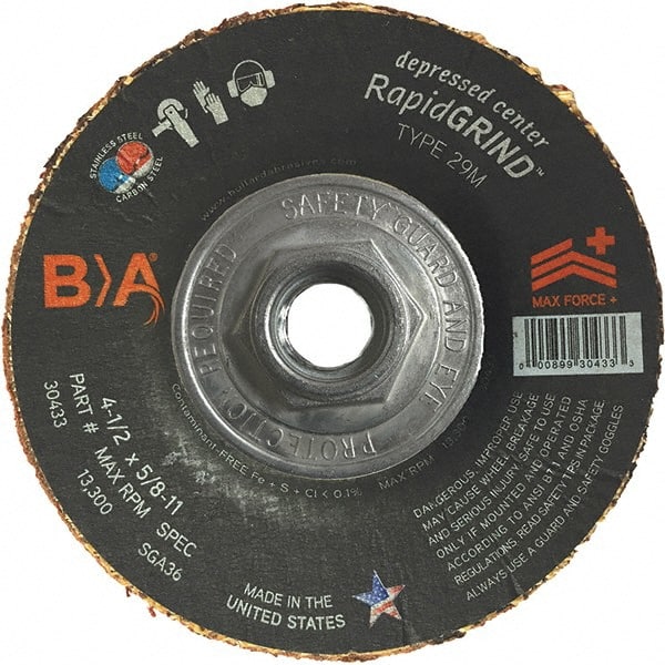 BULLARD - 36 Grit, 4-1/2" Wheel Diam, 1/8" Wheel Thickness, Type 29 Depressed Center Wheel - Coarse/Extra Coarse Grade, Ceramic, 13,300 Max RPM, Compatible with Angle Grinder - Exact Tooling