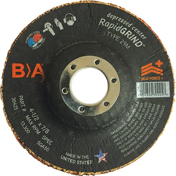 BULLARD - 50 Grit, 4-1/2" Wheel Diam, 1/8" Wheel Thickness, 7/8" Arbor Hole, Type 29 Depressed Center Wheel - Coarse Grade, Ceramic, 13,300 Max RPM, Compatible with Angle Grinder - Exact Tooling