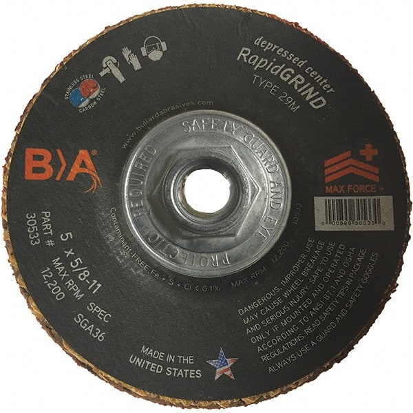 BULLARD - 36 Grit, 5" Wheel Diam, 1/8" Wheel Thickness, Type 29 Depressed Center Wheel - Coarse/Extra Coarse Grade, Ceramic, 12,200 Max RPM, Compatible with Angle Grinder - Exact Tooling