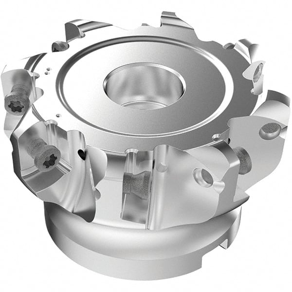 Seco - 8 Inserts, 63.2mm Cutter Diam, 1.8mm Max Depth of Cut, Indexable High-Feed Face Mill - 25.4mm Arbor Hole Diam, 0.3819" Keyway Width, 2" High, R220.21-LP09 Toolholder, LPKT09 Inserts, Series High Feed - Exact Tooling