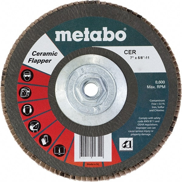 Metabo - 60 Grit, 7" Disc Diam, 5/8-11 Center Hole, Type 29 Ceramic Flap Disc - 8,600 Max RPM, Fiberglass Backing, Arbor Attaching System, Coated - Exact Tooling