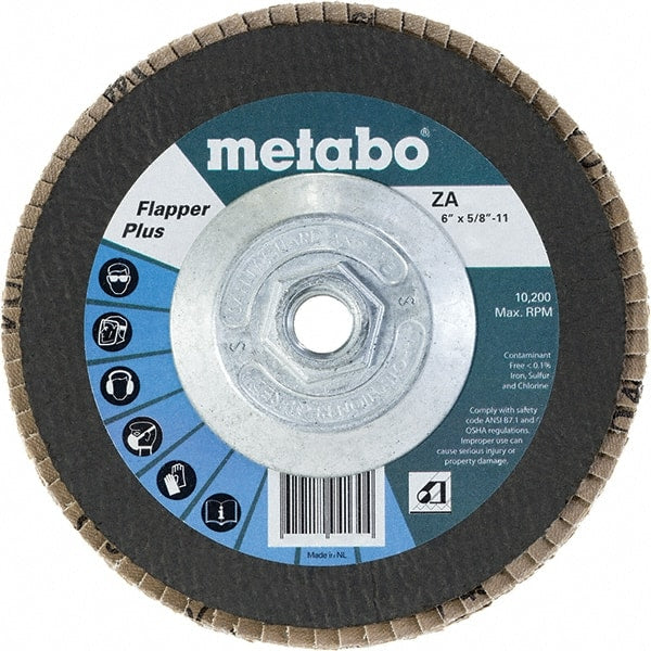 Metabo - 60 Grit, 6" Disc Diam, 5/8-11 Center Hole, Type 27 Zirconia Alumina Flap Disc - 10,200 Max RPM, Fiberglass Backing, Arbor Attaching System, Coated - Exact Tooling
