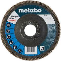 Metabo - 40 Grit, 4-1/2" Disc Diam, 7/8" Center Hole, Type 27 Zirconia Alumina Flap Disc - 13,300 Max RPM, Fiberglass Backing, Arbor Attaching System, Coated - Exact Tooling