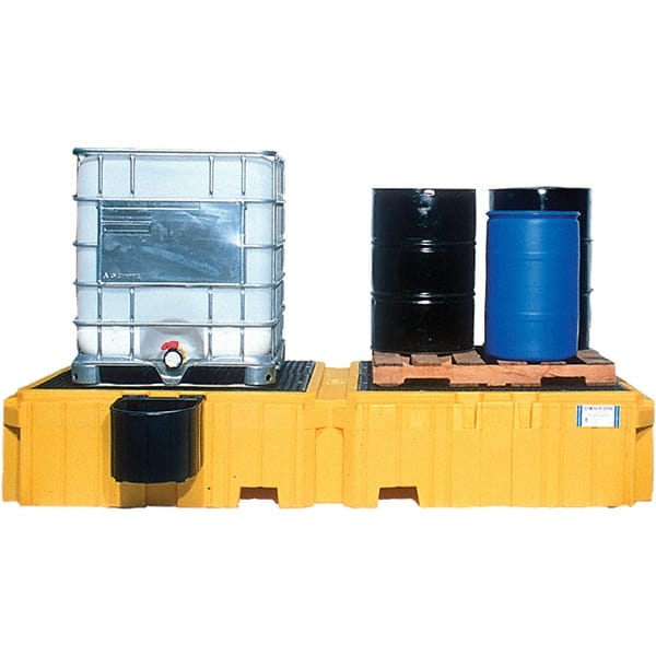 UltraTech - 535 Gal Sump Capacity, Polyethylene TWIN IBC Spill Pallet, Left Side Bucket with Drain - 61.6" Long x 22" Wide x 124-1/2" High, 8,000 Lb Capacity, 2 Totes, Includes 1 Left Side Bucket Shelf - Exact Tooling