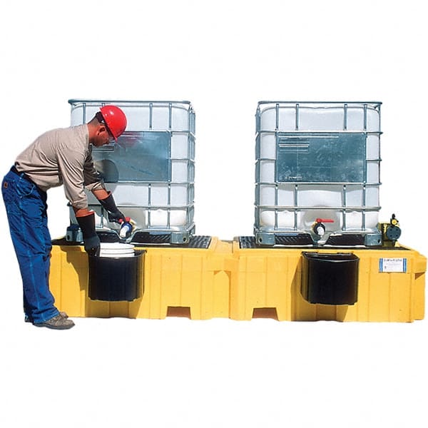 UltraTech - 535 Gal Sump Capacity, Polyethylene TWIN IBC Spill Pallet, 2 Bucket Shelves - 61.6" Long x 22" Wide x 124-1/2" High, 8,000 Lb Capacity, 2 Totes, Includes 2 Bucket Shelves - Exact Tooling