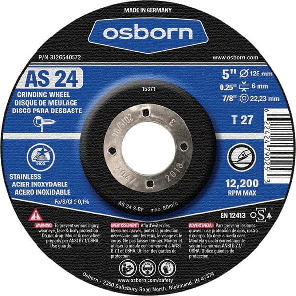 Osborn - 24 Grit, 5" Wheel Diam, 1/4" Wheel Thickness, 7/8" Arbor Hole, Type 27 Depressed Center Wheel - Coarse Grade, Aluminum Oxide, 12,225 Max RPM - Exact Tooling