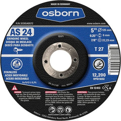 Osborn - 24 Grit, 5" Wheel Diam, 1/4" Wheel Thickness, 7/8" Arbor Hole, Type 27 Depressed Center Wheel - Coarse Grade, Aluminum Oxide, 12,225 Max RPM - Exact Tooling