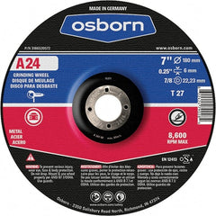 Osborn - 24 Grit, 7" Wheel Diam, 1/4" Wheel Thickness, 7/8" Arbor Hole, Type 27 Depressed Center Wheel - Coarse Grade, Aluminum Oxide, 8,600 Max RPM - Exact Tooling