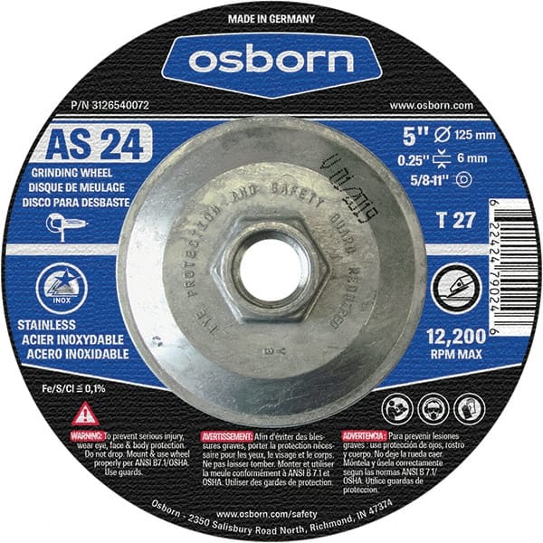 Osborn - 24 Grit, 5" Wheel Diam, 1/4" Wheel Thickness, Type 27 Depressed Center Wheel - Coarse Grade, Aluminum Oxide, 12,225 Max RPM - Exact Tooling