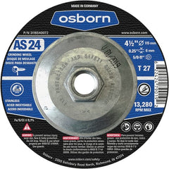 Osborn - 24 Grit, 4-1/2" Wheel Diam, 1/4" Wheel Thickness, Type 27 Depressed Center Wheel - Coarse Grade, Aluminum Oxide, 13,280 Max RPM - Exact Tooling
