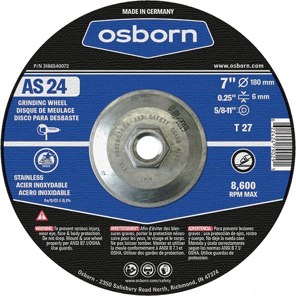 Osborn - 24 Grit, 7" Wheel Diam, 1/4" Wheel Thickness, Type 27 Depressed Center Wheel - Coarse Grade, Aluminum Oxide, 8,600 Max RPM - Exact Tooling