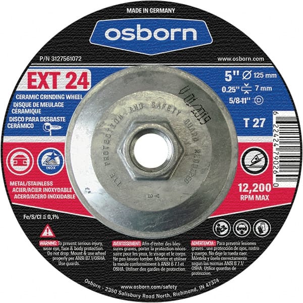 Osborn - 24 Grit, 5" Wheel Diam, 1/4" Wheel Thickness, Type 27 Depressed Center Wheel - Coarse Grade, Ceramic, 12,225 Max RPM - Exact Tooling