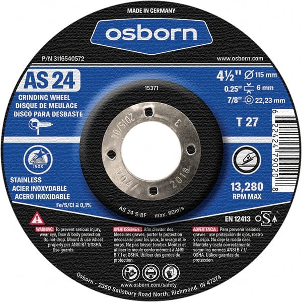 Osborn - 24 Grit, 4-1/2" Wheel Diam, 1/4" Wheel Thickness, 7/8" Arbor Hole, Type 27 Depressed Center Wheel - Coarse Grade, Aluminum Oxide, 13,280 Max RPM - Exact Tooling
