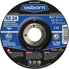 Osborn - 24 Grit, 4-1/2" Wheel Diam, 1/4" Wheel Thickness, 7/8" Arbor Hole, Type 27 Depressed Center Wheel - Coarse Grade, Aluminum Oxide, 13,280 Max RPM - Exact Tooling