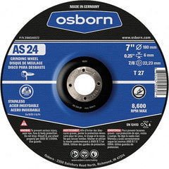 Osborn - 24 Grit, 7" Wheel Diam, 1/4" Wheel Thickness, 7/8" Arbor Hole, Type 27 Depressed Center Wheel - Coarse Grade, Aluminum Oxide, 8,600 Max RPM - Exact Tooling