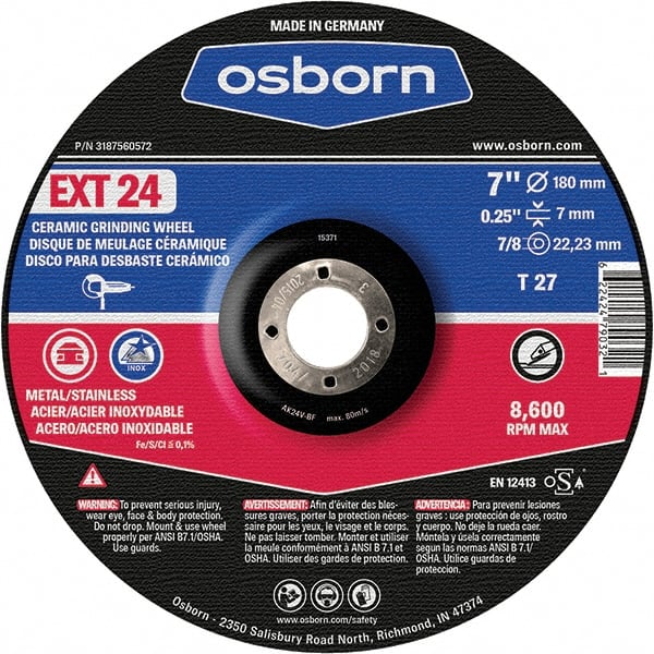 Osborn - 24 Grit, 7" Wheel Diam, 1/4" Wheel Thickness, 7/8" Arbor Hole, Type 27 Depressed Center Wheel - Coarse Grade, Ceramic, 8,600 Max RPM - Exact Tooling