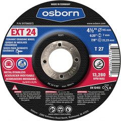Osborn - 24 Grit, 4-1/2" Wheel Diam, 1/4" Wheel Thickness, 7/8" Arbor Hole, Type 27 Depressed Center Wheel - Coarse Grade, Ceramic, 13,280 Max RPM - Exact Tooling