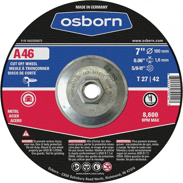 Osborn - 7" 46 Grit Aluminum Oxide Cutoff Wheel - 0.06" Thick, 5/8-11 Arbor, Use with Angle Grinders - Exact Tooling