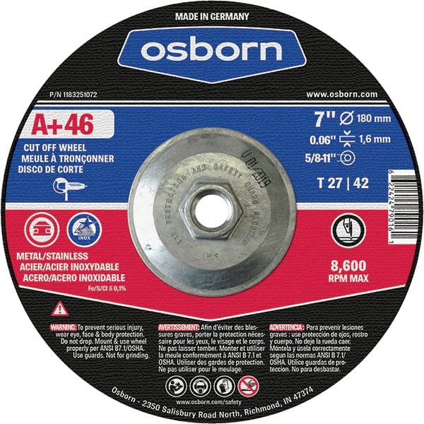 Osborn - 7" 46 Grit Aluminum Oxide Cutoff Wheel - 0.06" Thick, 5/8-11 Arbor, Use with Angle Grinders - Exact Tooling