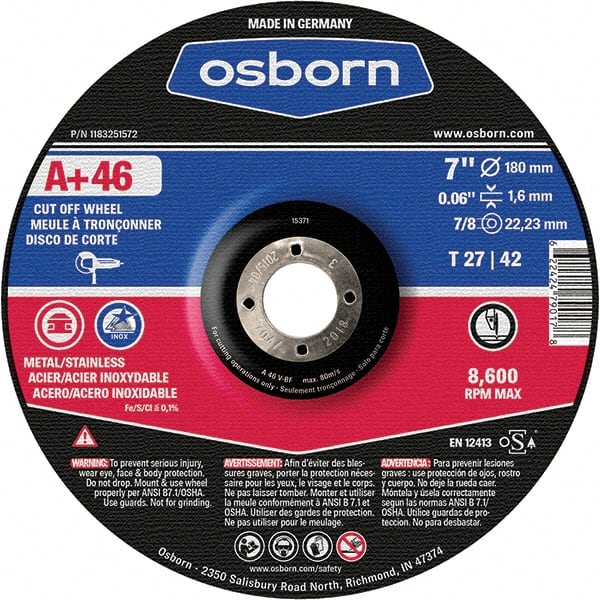 Osborn - 7" 46 Grit Aluminum Oxide Cutoff Wheel - 0.06" Thick, 7/8" Arbor, Use with Angle Grinders - Exact Tooling