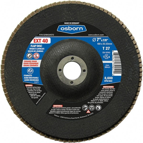 Osborn - 40 Grit, 7" Disc Diam, 7/8" Center Hole, Type 27 Ceramic Flap Disc - 8,600 Max RPM, Fiberglass Backing, Arbor Attaching System, Coated - Exact Tooling