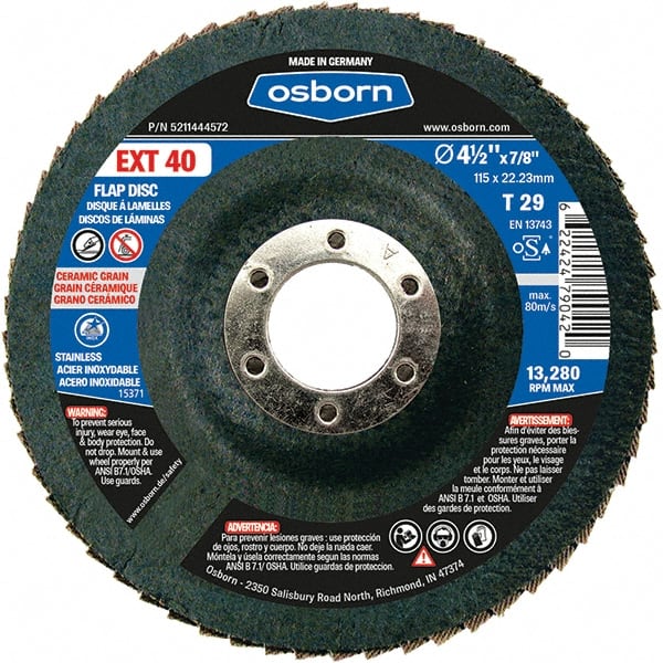 Osborn - 40 Grit, 4-1/2" Disc Diam, 7/8" Center Hole, Type 29 Ceramic Flap Disc - 13,280 Max RPM, Fiberglass Backing, Arbor Attaching System, Coated - Exact Tooling