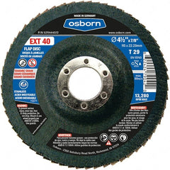 Osborn - 40 Grit, 4-1/2" Disc Diam, 7/8" Center Hole, Type 29 Ceramic Flap Disc - 13,280 Max RPM, Fiberglass Backing, Arbor Attaching System, Coated - Exact Tooling