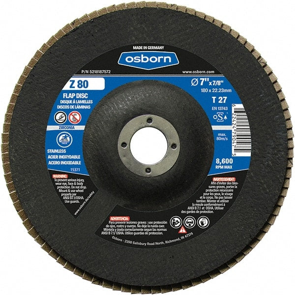 Osborn - 80 Grit, 7" Disc Diam, 7/8" Center Hole, Type 27 Zirconia Alumina Flap Disc - 8,600 Max RPM, Fiberglass Backing, Arbor Attaching System, Coated - Exact Tooling