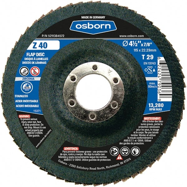 Osborn - 40 Grit, 4-1/2" Disc Diam, 7/8" Center Hole, Type 29 Zirconia Alumina Flap Disc - 13,280 Max RPM, Fiberglass Backing, Arbor Attaching System, Coated - Exact Tooling
