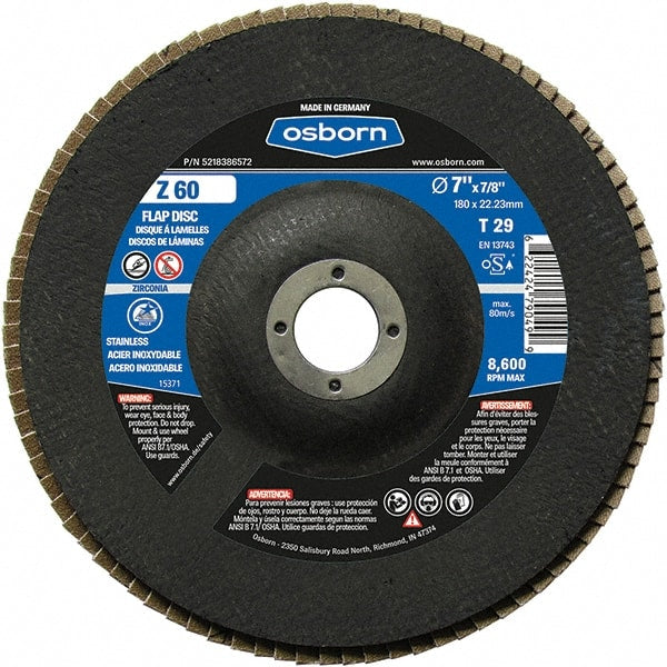 Osborn - 60 Grit, 7" Disc Diam, 7/8" Center Hole, Type 29 Zirconia Alumina Flap Disc - 8,600 Max RPM, Fiberglass Backing, Arbor Attaching System, Coated - Exact Tooling