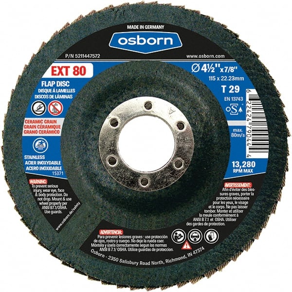 Osborn - 80 Grit, 4-1/2" Disc Diam, 7/8" Center Hole, Type 29 Ceramic Flap Disc - 13,280 Max RPM, Fiberglass Backing, Arbor Attaching System, Coated - Exact Tooling