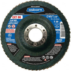 Osborn - 80 Grit, 4-1/2" Disc Diam, 7/8" Center Hole, Type 29 Ceramic Flap Disc - 13,280 Max RPM, Fiberglass Backing, Arbor Attaching System, Coated - Exact Tooling
