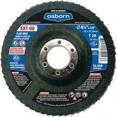 Osborn - 60 Grit, 4-1/2" Disc Diam, 7/8" Center Hole, Type 29 Ceramic Flap Disc - 13,280 Max RPM, Fiberglass Backing, Arbor Attaching System, Coated - Exact Tooling