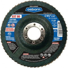 Osborn - 80 Grit, 4-1/2" Disc Diam, 7/8" Center Hole, Type 27 Ceramic Flap Disc - 13,280 Max RPM, Fiberglass Backing, Arbor Attaching System, Coated - Exact Tooling