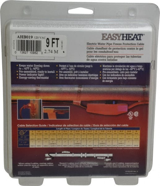 EasyHeat - 9' Long, Preassembled, Fixed Length, Fixed Wattage, Protection Heat Cable - 120 Input Volts, 63 Watts - Exact Tooling