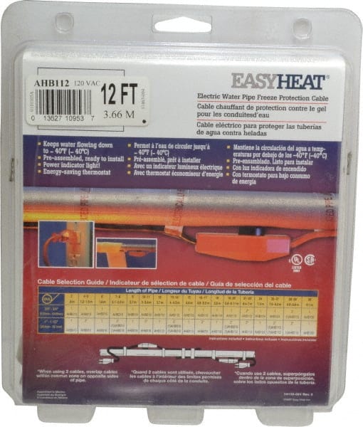 EasyHeat - 12' Long, Preassembled, Fixed Length, Fixed Wattage, Protection Heat Cable - 120 Input Volts, 84 Watts - Exact Tooling