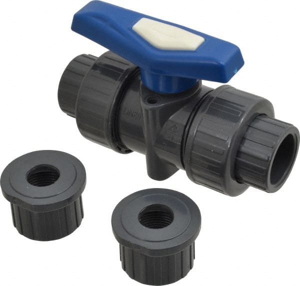 Simtech - 3/4" Pipe, Full Port, PVC True Union Design Ball Valve - Inline - Two Way Flow, FNPT x FNPT (with Socket Adapter) Ends, Tee Handle, 232 WOG - Exact Tooling