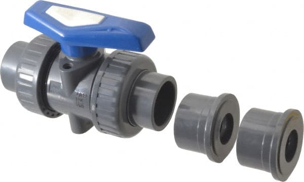 Simtech - 1-1/4" Pipe, Full Port, PVC True Union Design Ball Valve - Inline - Two Way Flow, FNPT x FNPT (with Socket Adapter) Ends, Tee Handle, 232 WOG - Exact Tooling