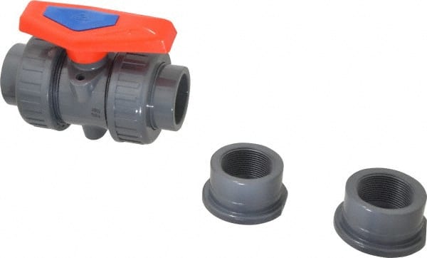 Simtech - 1-1/2" Pipe, Full Port, PVC True Union Design Ball Valve - Inline - Two Way Flow, FNPT x FNPT (with Socket Adapter) Ends, Tee Handle, 232 WOG - Exact Tooling