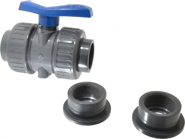 Simtech - 2" Pipe, Full Port, PVC True Union Design Ball Valve - Inline - Two Way Flow, FNPT x FNPT (with Socket Adapter) Ends, Tee Handle, 232 WOG - Exact Tooling